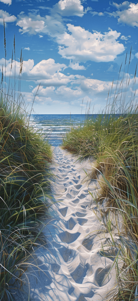 A sandy path leading through tall beach grass to the ocean.