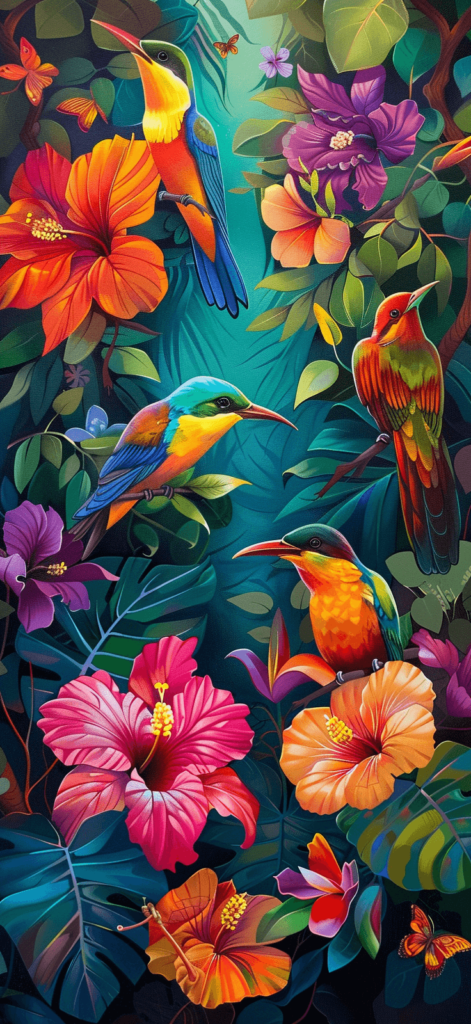 Vibrant tropical garden filled with hibiscus, orchids, and colorful birds.