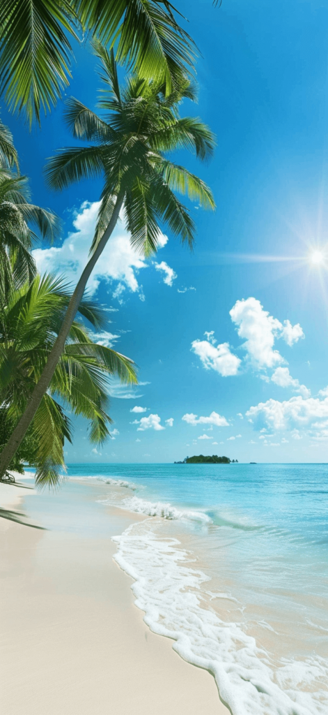 Tropical beach with palm trees leaning over white sandy shores. iphone wallpaper summer
