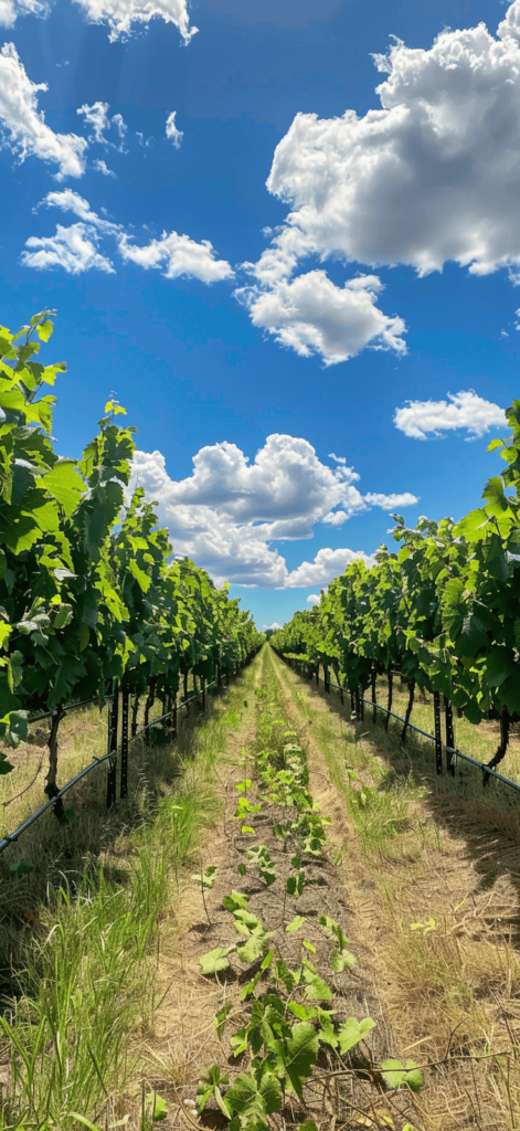 Lush green vineyard under a bright blue sky with rows of grapevines.
