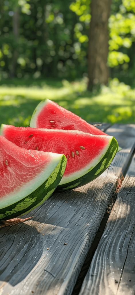 Juicy watermelon slices on a picnic table in a sunny backyard.