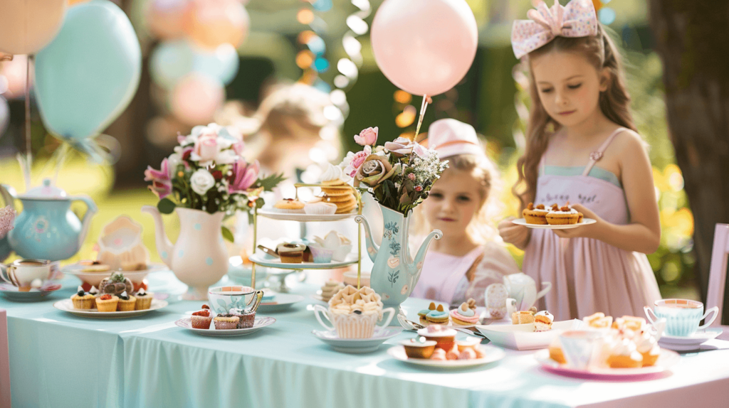 A fanciful tea party set-up for children featuring a pastel-colored tablecloth, mismatched teacups, and saucers. The table is decked with miniature pastries, sandwiches, and cupcakes. Fresh flowers in a teapot centerpiece, with youngsters in fancy hats and outfits enjoying the festivities. Balloons and streamers in the background give a joyful atmosphere. 