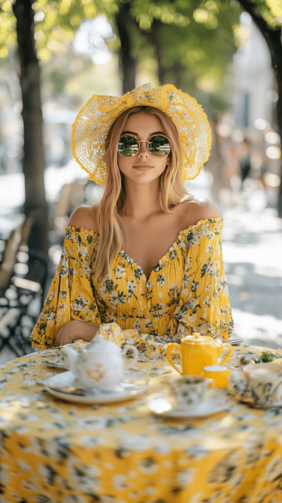 woman in a yellow dress and yellow sunhat