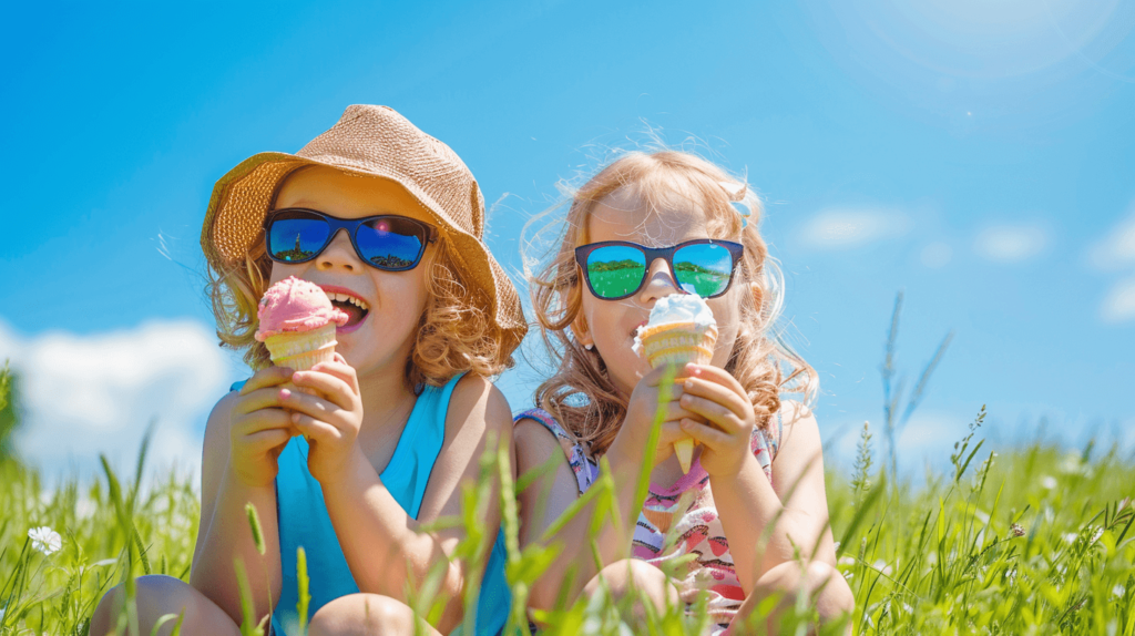 Two children eating ice cream on a sunny day in a park with green grass and a clear blue sky. Yes Day ideas for kids. 