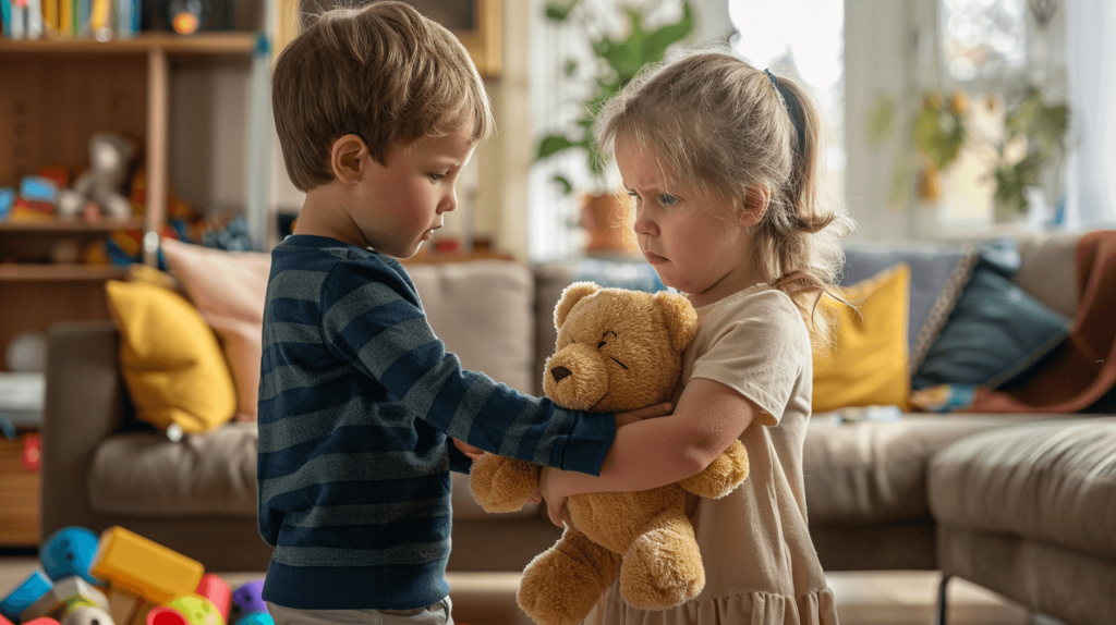 In the family living room, a boy and a girl who are very young were having a very bad fight. The boy is holding a teddy bear toy very tightly while the girl grabs for it and looks angry. There are a lot of toys in the room, and it feels tight. A couch and a coffee table can be seen in the background. The kids are standing in the middle of the room, looking very upset and fighting.