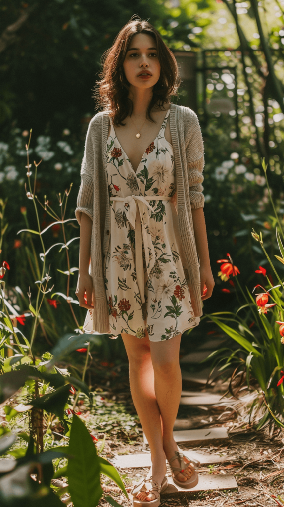 A woman with a knee-length flowery dress, ballerina flats, and a light cardigan stands in a garden. Tea party outfit. 