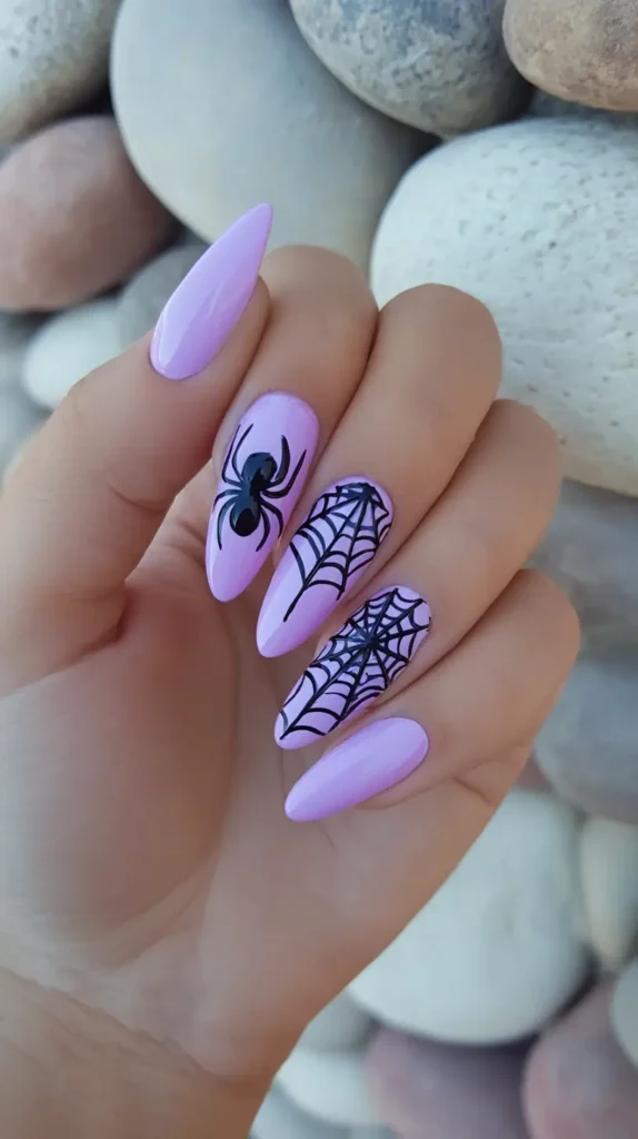 lavender and black spider manicure