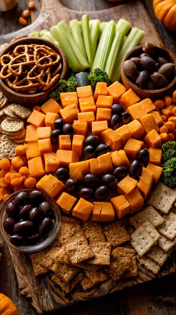 A Halloween charcuterie board shaped like a jack-o’-lantern pumpkin, cheddar cheese slices and cubes forming the round body, celery stalk forming the stem, dark olives placed as the carved eyes and mouth, crackers and pretzels surrounding for texture, presented on rustic wood