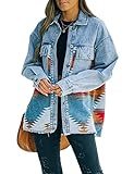 happlan Aztec Denim Jacket For Women Lapel Button Down Print Shirt Coat Shacket