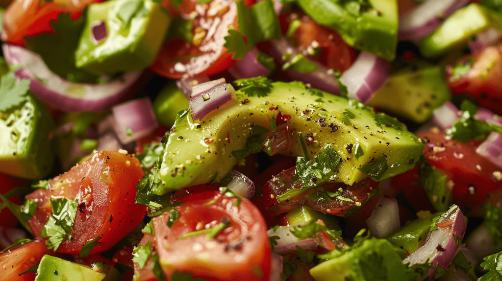 A fresh mix of diced avocado, chopped tomatoes, red onion slices, and chopped cilantro. Dressed with lime juice and olive oil, sprinkled with salt and pepper.
