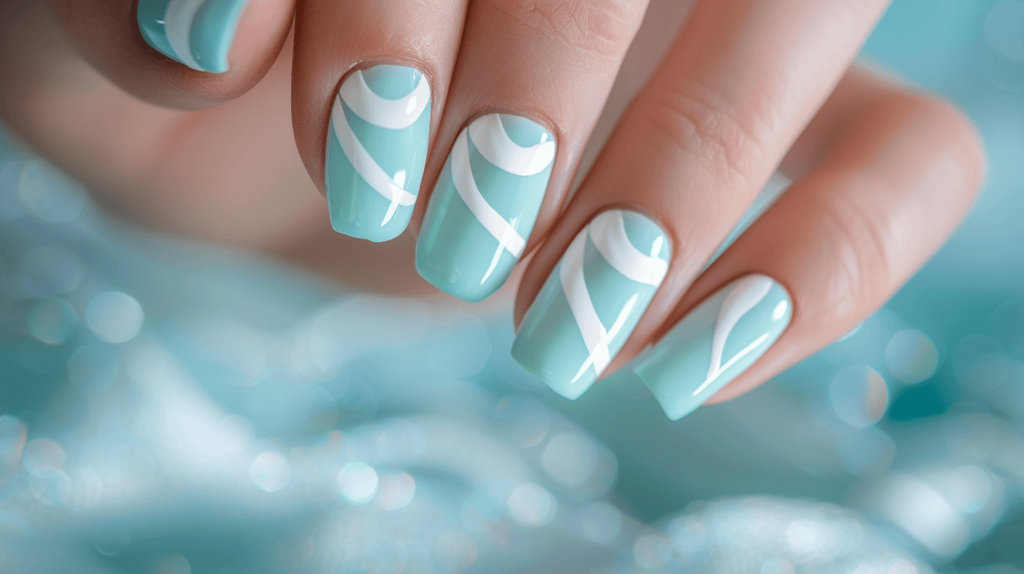 aqua nails with wavy white designs