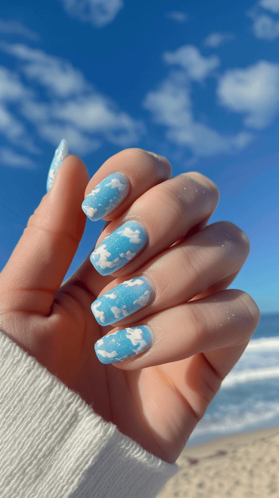 sky blue manicure with white cloud accents