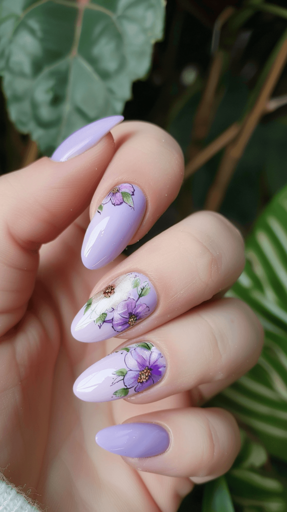 lilac nails with floral designs