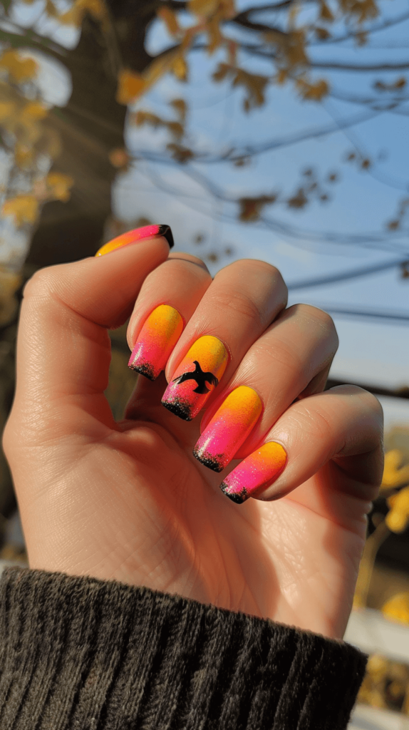 sunset beach manicure with one black seagull siloutte 