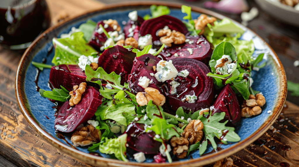 A vibrant salad with roasted beet slices, mixed greens, crumbled goat cheese, and walnuts. Drizzled with balsamic vinaigrette.
