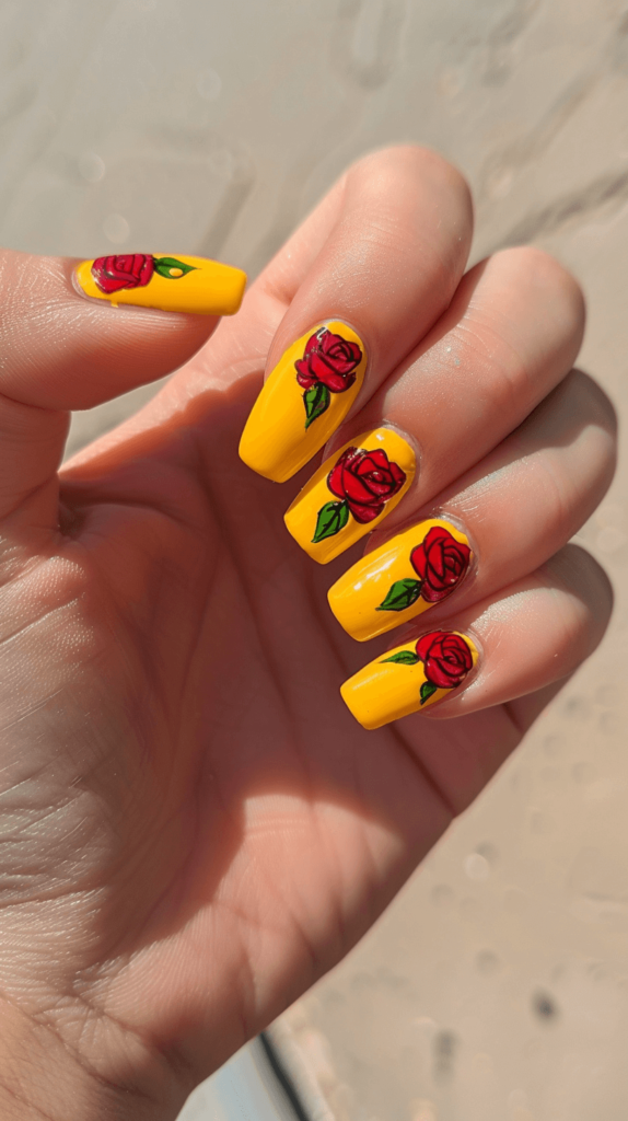 A manicured hand with yellow nails with red rose accents representing Belle from Beauty and the Beast.