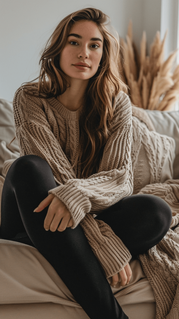 woman in a neutral sweater with black leggings; Amazon must have clothes