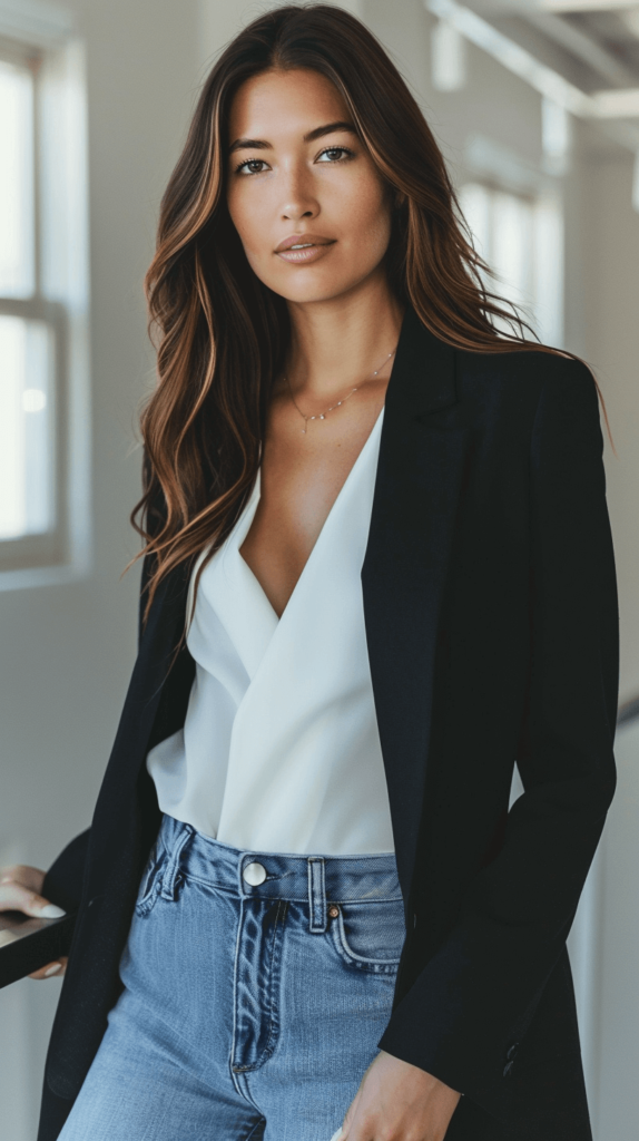 An attractive woman wearing a stylish black blazer over a casual white top and jeans. She stands in a modern office environment, looking professional yet approachable. The blazer is well-fitted, adding a touch of sophistication to her casual outfit. 