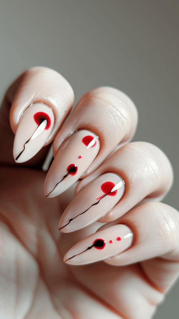 pale pink nails with two small red dots near the cuticle, representing vampire bite marks. Tiny black lines drip from the dots, mimicking blood.