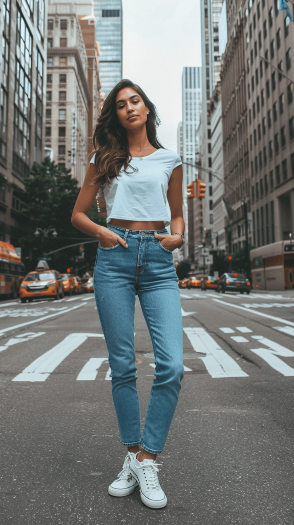 woman wearing blue jeans on the street and a white top