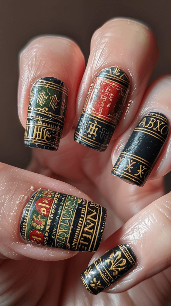 nails to look like the spines of encyclopedia 