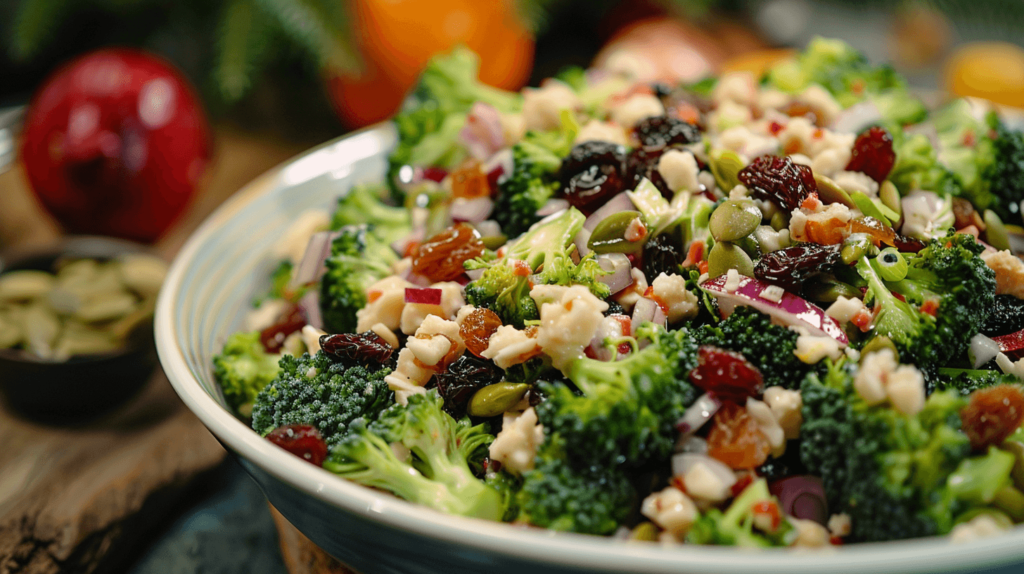 A crunchy and colorful salad with chopped broccoli florets, raisins, sunflower seeds, and diced red onion. Dressed with mayonnaise, apple cider vinegar, and a bit of sugar.
