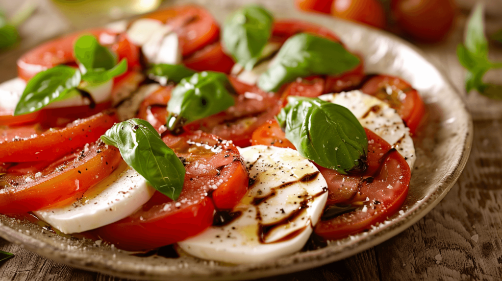 A plate with fresh sliced tomatoes and mozzarella arranged in a circle, topped with whole basil leaves. Drizzled with olive oil and balsamic vinegar, sprinkled with salt and pepper.
