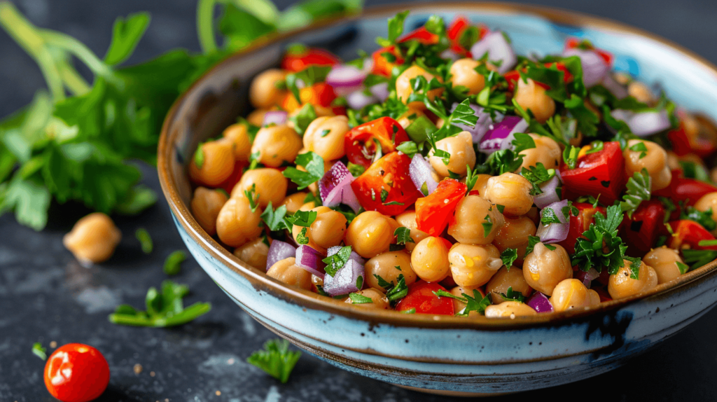 A vibrant bowl of rinsed chickpeas mixed with diced red bell pepper, chopped red onion, cherry tomatoes, and chopped parsley. Dressed with olive oil, lemon juice, and cumin.
