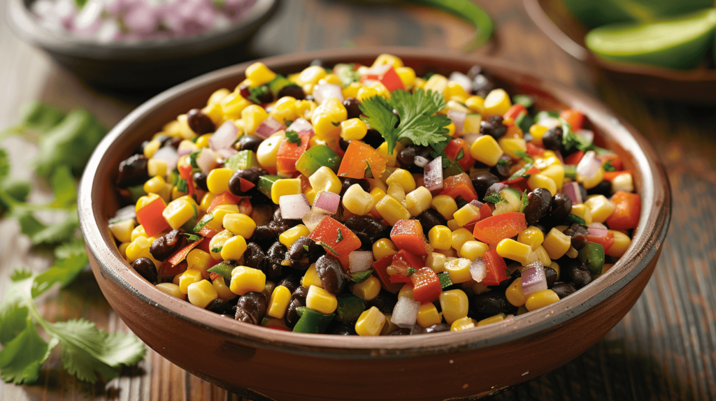 A hearty bowl of cooked corn kernels, black beans, diced red bell pepper, and chopped red onion. Topped with chopped cilantro and dressed with lime juice and olive oil.
