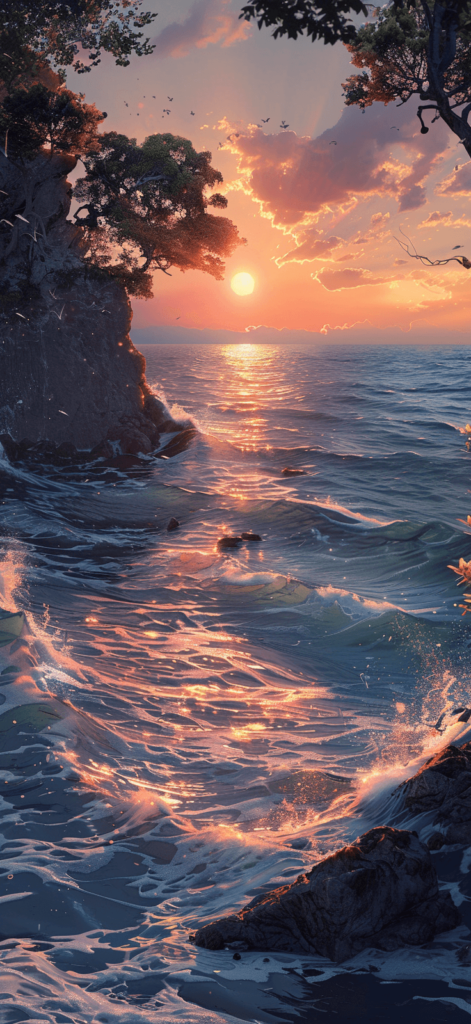 A quiet cove with gentle waves lapping the shore as the sun sets in the distance. Summer wallpaper. 




