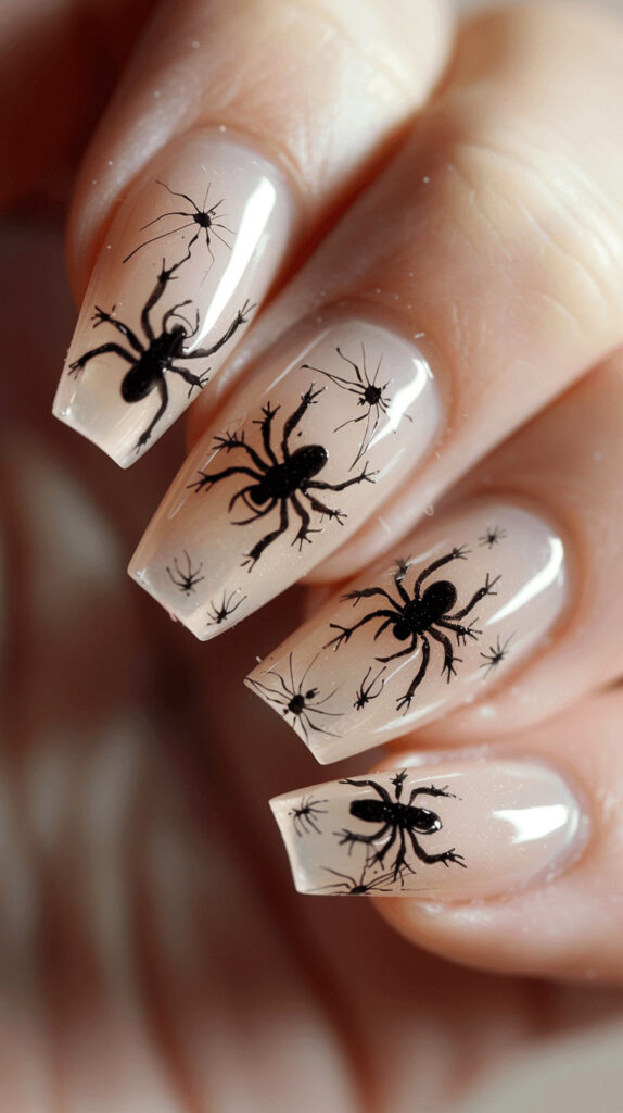 A clear or beige nail base with small, detailed black spiders and centipedes crawling on each nail. The design is subtle but eerie. 