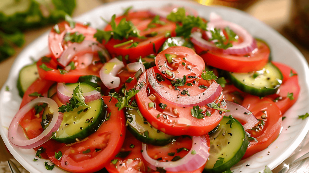 A simple mix of chopped tomatoes, cucumber slices, and thin red onion slices. Dressed with olive oil and red wine vinegar, with oregano sprinkled on top.
