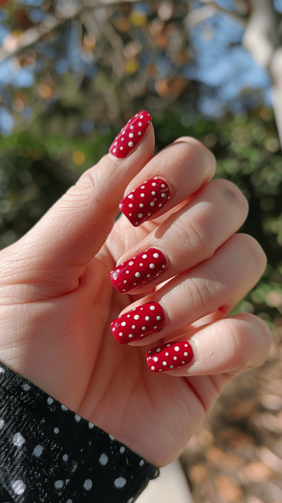 red nails with small white polka dots