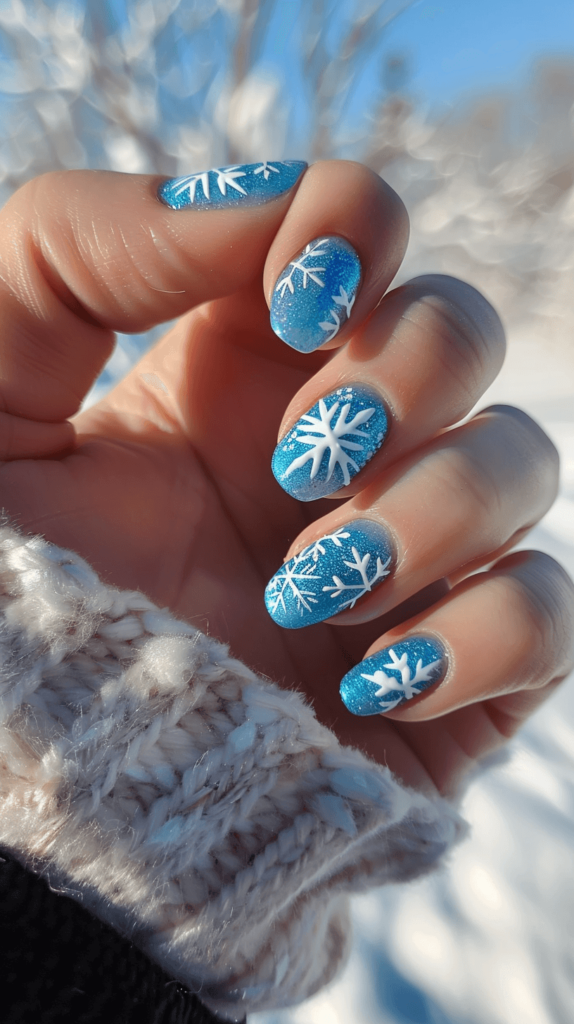 A manicured hand with icy blue nails with white snowflake designs representing Elsa from Frozen. 