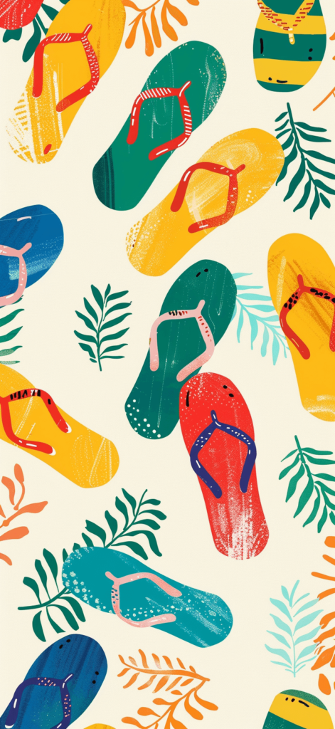 A cheerful pattern of flip-flops in various colors. Summer wallpaper. 
