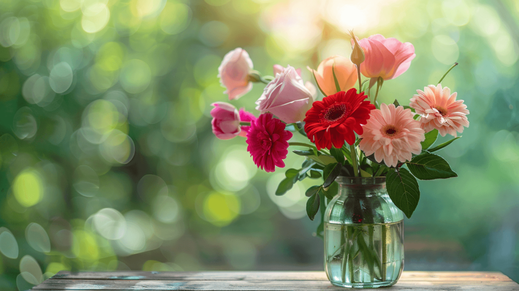 A beautiful, simple arrangement of various colorful flowers, including roses, daisies, and tulips, placed in a glass vase on a wooden table. The background is a soft, blurred garden scene with natural light highlighting the petals and leaves. Flower captions for Instagram. 