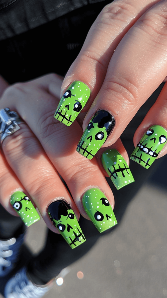 Bright green nails with black stitches and bolts. Some nails feature white eyes and teeth, creating a fun Frankenstein’s monster design.