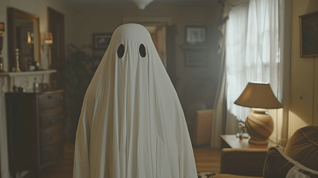 A person dressed in a classic ghost costume made from a white sheet with eye holes cut out, draped over their entire body. The cut-out eye holes clearly show their eyes, allowing them to see. They are standing in a cozy, dimly lit living room. 