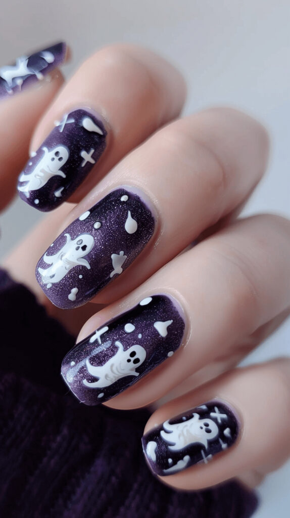 A set of nails with a dark purple base and small white ghost figures on each nail. The ghosts have tiny black eyes and mouths, appearing playful and spooky.