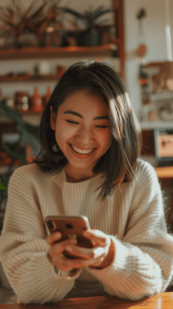 realistic photo of a woman in her 20's on her phone smiling; simple captions