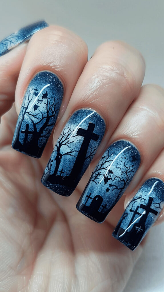 Dark blue or black nails with silhouettes of tombstones, crosses, and eerie trees. Light gray mist or fog is added for a more dramatic and eerie scene. 