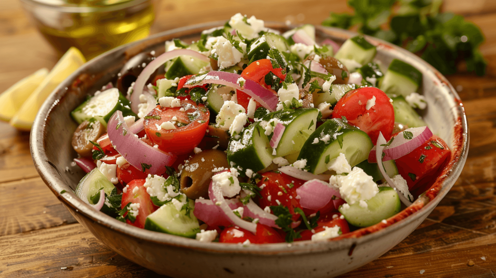 A bowl of chopped cucumbers, tomatoes, red onion slices, and kalamata olives. Topped with crumbled feta cheese and drizzled with olive oil, lemon juice, and sprinkled with oregano.
