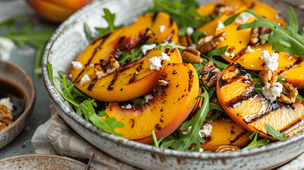 A bowl of grilled peach halves with char marks, sliced and tossed with arugula, crumbled goat cheese, and pecans. Drizzled with olive oil and balsamic vinegar.