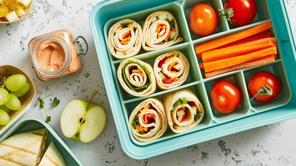 A vibrant and neatly arranged lunchbox for kids, featuring whole grain wraps with turkey and cheese, carrot sticks, cherry tomatoes, apple slices, a small container of hummus, and a few grapes, all set on a clean kitchen countertop. 