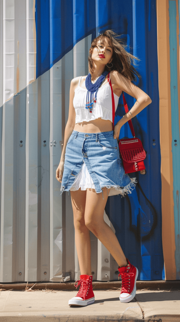 A woman in a white crop top paired with a blue denim skirt, red canvas sneakers, a blue beaded necklace, and a red crossbody bag.
