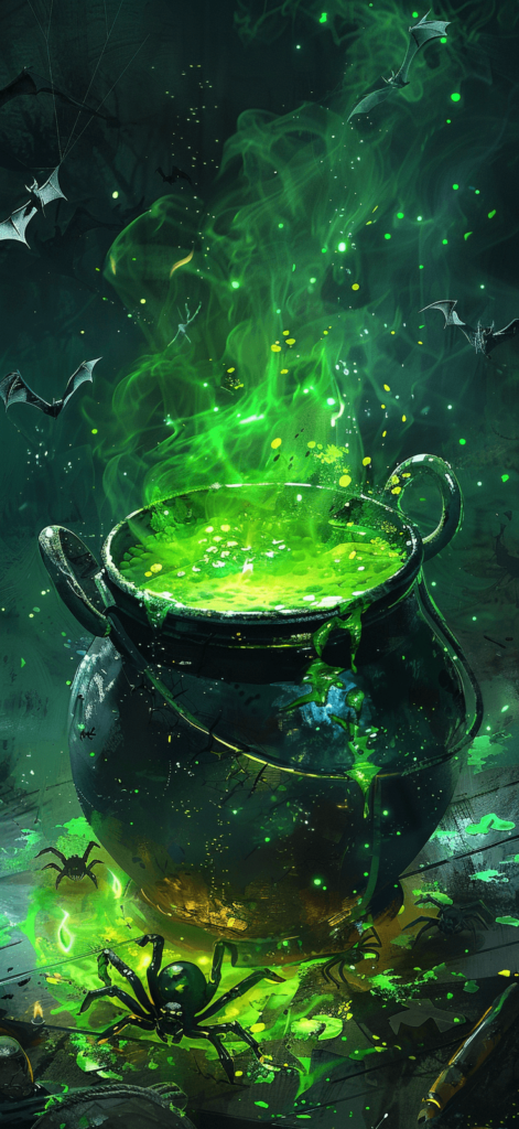 A cauldron bubbling over with green potion, surrounded by spooky elements like spiders and bats.
