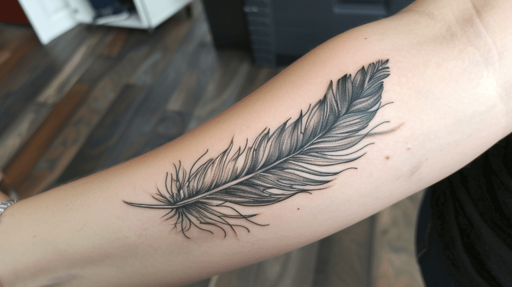 feather tattoo on forearm