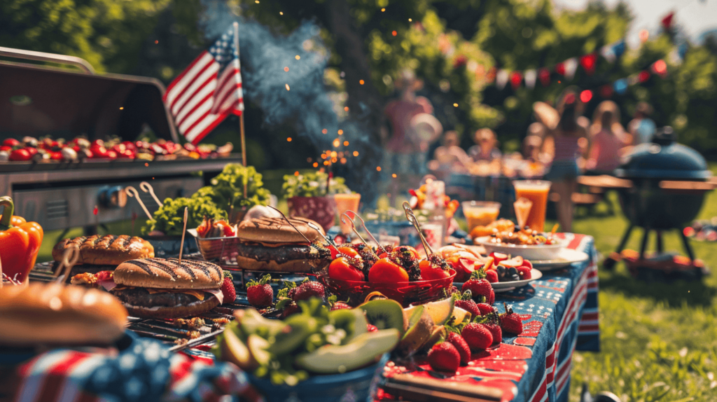 A festive Fourth of July picnic setup featuring a table with red, white, and blue decorations, a variety of grilled foods like burgers and kabobs, fresh fruit, and a vibrant salad. Include a nearby grill with smoke rising, surrounded by American flags and sparklers, with people enjoying the celebration in the background. 