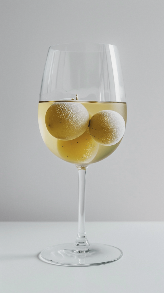A glass of wine or juice with frozen grapes used as ice cubes, keeping the drink cold without watering it down.