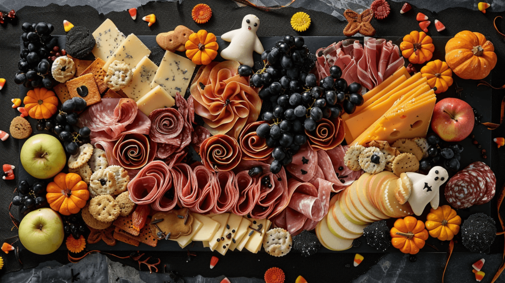 Halloween charcuterie board with ghosts, meats, cheeses, crackers, small pumpkins, and black grapes